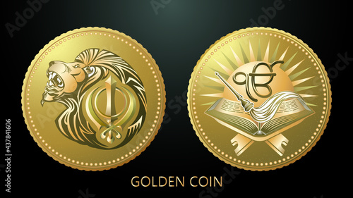 Vector. Gold souvenir coin. India. Sikhism. Khanda symbol on the background of a roaring lion. The reverse of the coin depicts the sacred book Adigrant, the ik Onkar symbol and a fan. Mockup..