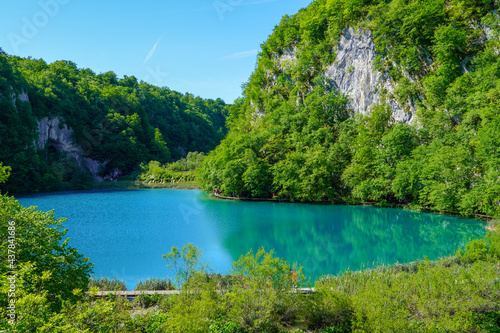 Beautiful lake view in clear turquoise water  green plants trees and mountains stones in the background  Plitvice Lakes National Park  Croatia  Europe 