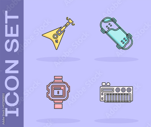Set Music synthesizer, Electric bass guitar, Wrist watch and Skateboard trick icon. Vector