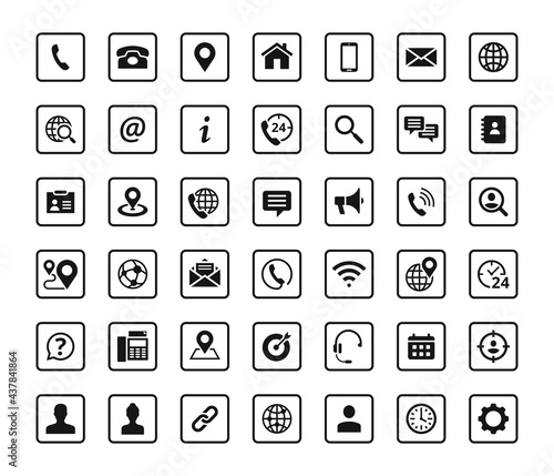 Set of 42 solid contact icons in square shape. Black vector symbols.