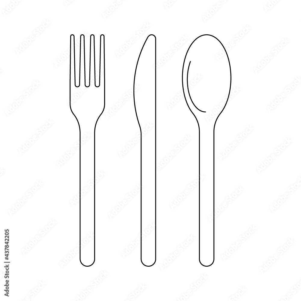 Cutlery fork, knife and spoon for food, icon outline. Cutlery for lanch, dish. Sign for menu cafe or restaurant. Vector symbol illustration Cutlery fork, knife and spoon for food, icon outline. Cutlery for lanch, dish. Sign for menu cafe or restaurant. Vector symbol illustration