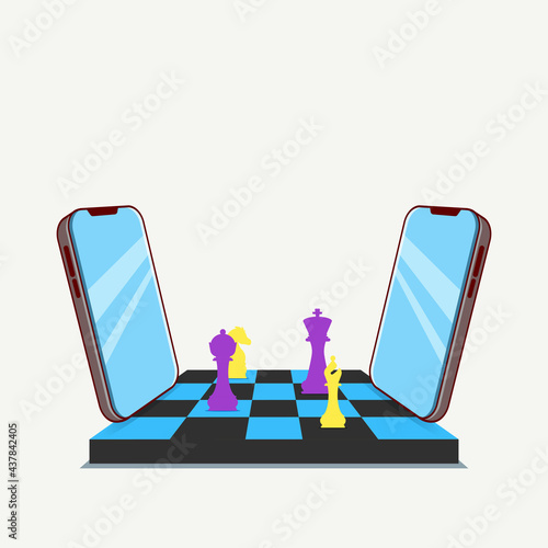 Vector illustration of chess online game competition with two smartphone isolated on a white background