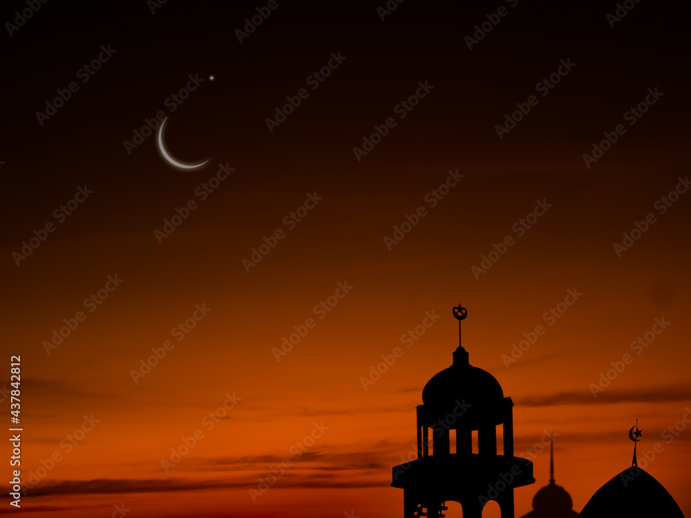 Ramadan kareem religion symbols. Mosques Dome in twilight night with Crescent Moon and sky dark black background. for eid al-fitr, arabic, Eid al-adha concept.