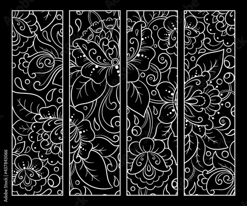 Printable bookmark for book - coloring. Set of black and white labels with flower patterns, hand draw in mehndi style. Sketch of ornaments for creativity of children and adults with colored pencils.