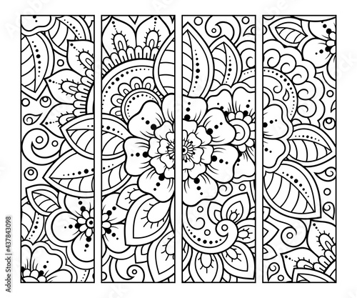Bookmark for book - coloring. Set of black and white labels with floral doodle patterns, hand draw in mehndi style. Sketch of ornaments for creativity of children and adults with colored pencils.