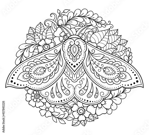 Moth decorated with Indian ethnic floral vintage pattern. Hand drawn decorative insect in doodle style. Stylized mehndi ornament for tattoo, print, design for room, cover, book and coloring page.