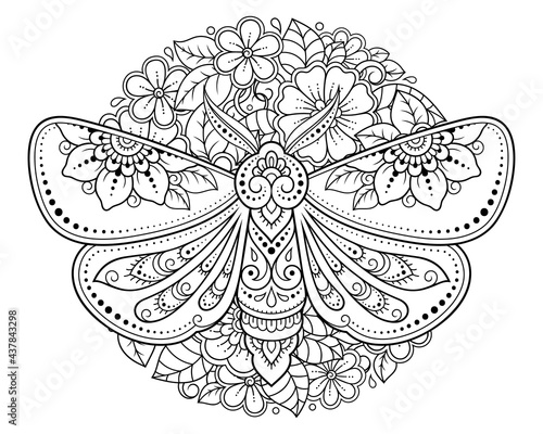 Moth decorated with Indian ethnic floral vintage pattern. Hand drawn decorative insect in doodle style. Stylized mehndi ornament for tattoo, print, design for room, cover, book and coloring page.