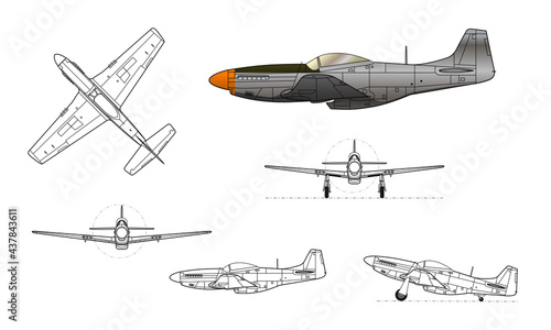 P-51D Mustang WWII fighter aircraft. Vector illustration in black and white line drawing. Color side profile.