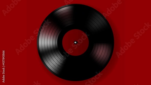 A black retro vinyl record on a red background. Rotating plate close-up. Loop.