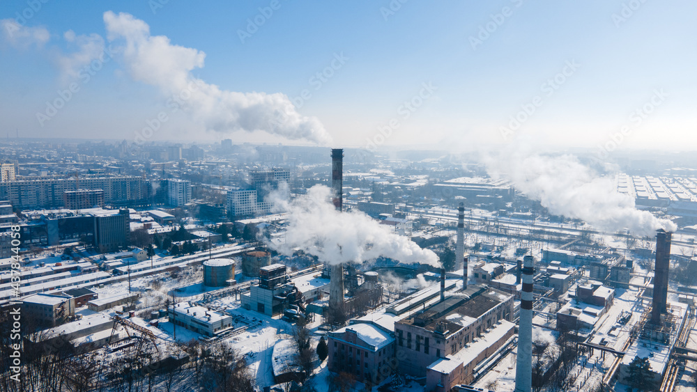 Obraz premium aerial view of factory pipes pollution problems