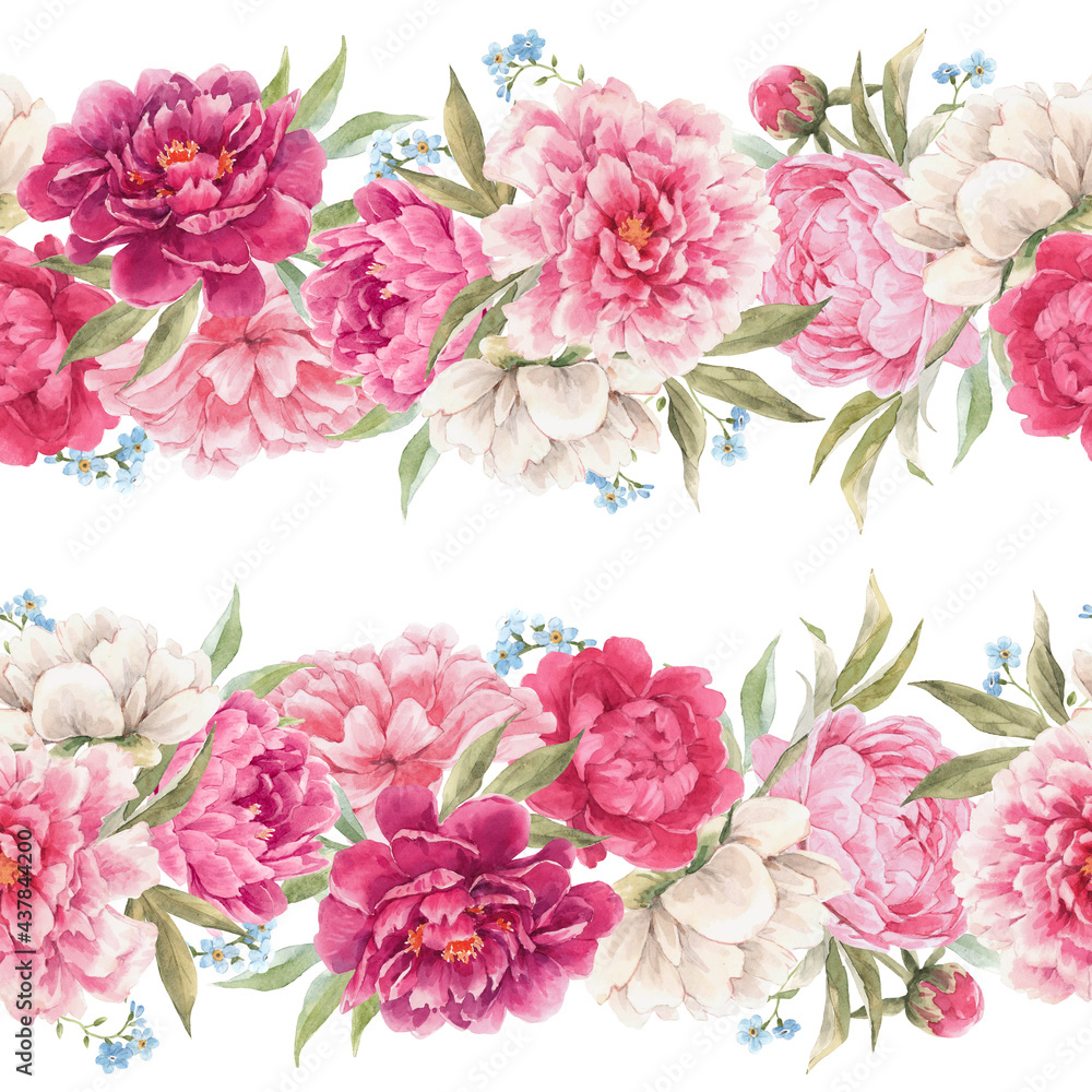 Beautiful seamless floral pattern with hand drawn watercolor gentle pink peony flowers. Stock illuistration.