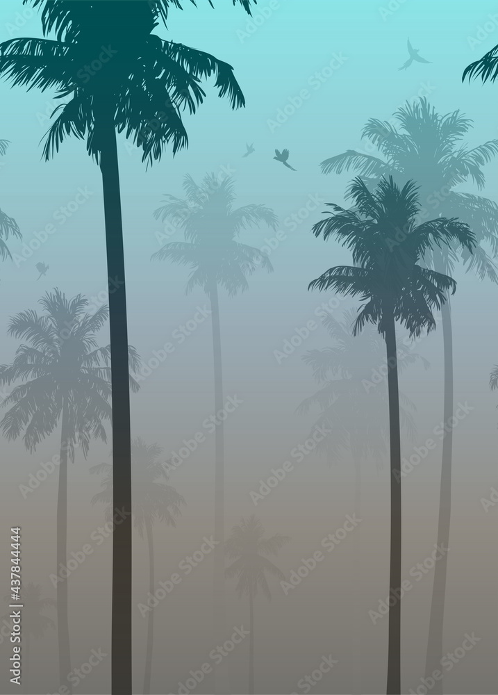 Vector illustration seamless horizontally. Background with palms and flying parrots 