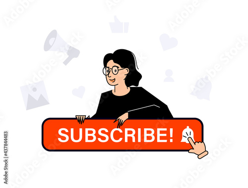 Subscribe button and a halo of icons around the young girl in modern style, bell button and hand cursor. Red button subscribe to channel, blog. Social media background.