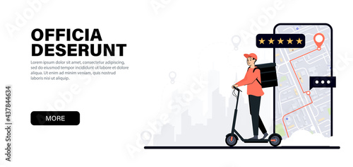 Delivery man riding an electric scooter. Courier delivering food. On background smartphone with a map and location, big city and gps pointers. Food delivery service, mail delivery service.
