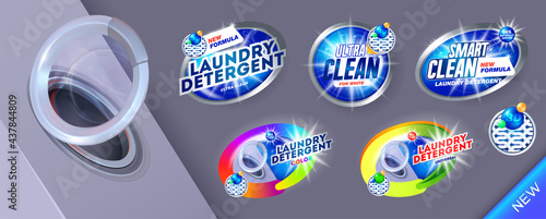 Large set Laundry detergent banners for smart clean. Template for laundry detergent. Package design for Washing Powder & Liquid Detergents ads. Isolated vector illustration photo