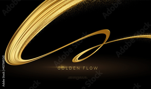 Modern 3d banner with gold flow on black background. Gold flow wave line pattern. Luxury golden wave wallpaper. Vector illustration