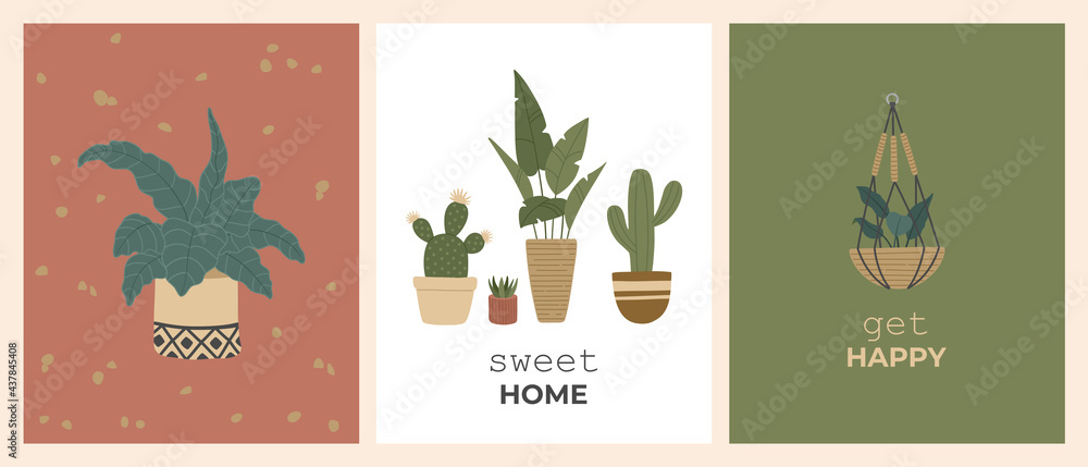 Potted houseplants, exotic  handmade macrame hanger. Set of modern posters, greeting cards or prints with trendy plants. Vector illustration in boho, flat style in pastel colors isolated on background