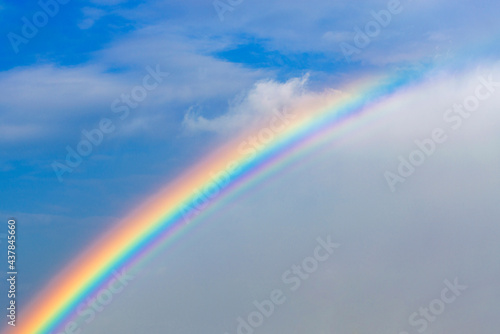 Regenbogen trennt blauen Himmel von grauen Wolken.