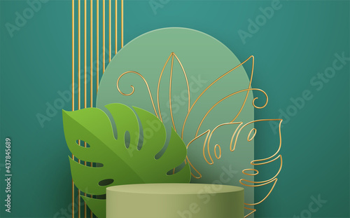 Product podium with golden monstera leaf line art on green background. Modern mockup template for advertising. Vector illustration