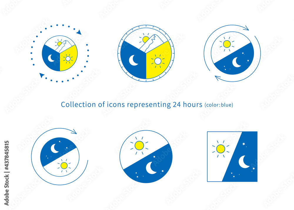6 types of 24 hour image illustration set (line art, blue)