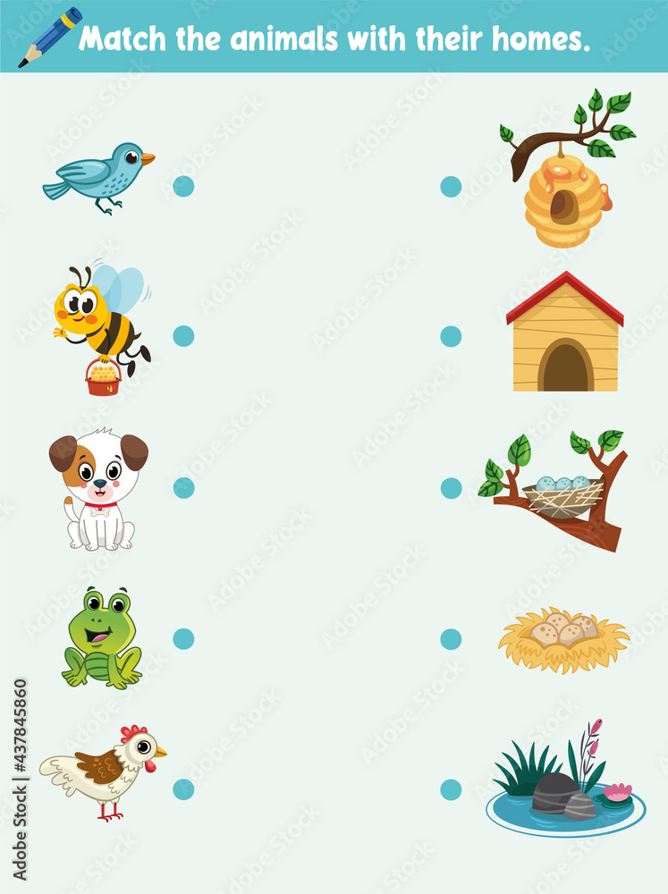 Obraz premium Education Element Matching Game for Preschool Children with Animals. Cartoon Vector Illustration.