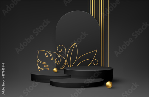 Black Product podium with golden monstera leaf line art on black background. Modern mockup template for advertising. Vector illustration