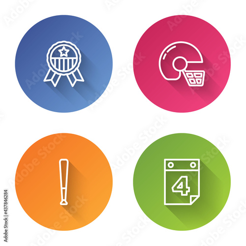 Set line Medal with star, American football helmet, Baseball bat and Calendar date July 4. Color circle button. Vector
