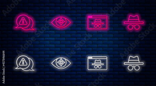 Set line Eye scan, Browser incognito window, Exclamation mark triangle and Incognito mode. Glowing neon icon on brick wall. Vector