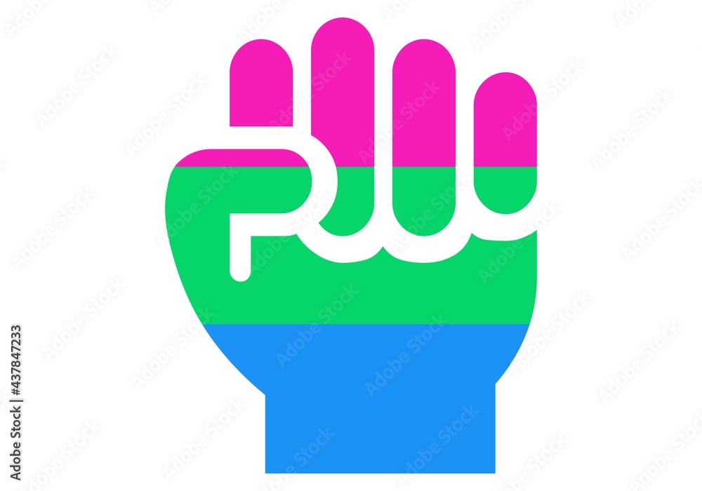 Poli sexual en lucha. Puño cerrado con la bandera fucsia, verde y azul sobre fondo blanco Poli sexual en lucha. Puño cerrado con la bandera fucsia, verde y azul sobre fondo blanco
