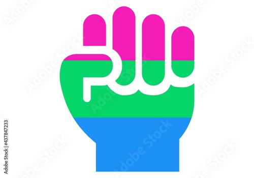 Poli sexual en lucha. Puño cerrado con la bandera fucsia, verde y azul sobre fondo blanco