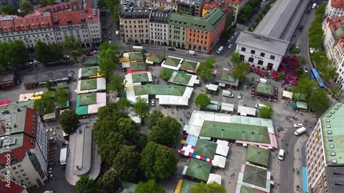 Main market square in Munich called Viktualienmarkt - view from above - drone photography photo