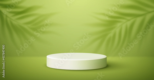 White product podium and tropical palm leaves shadow on green background. Background for product presentation. Vector illustration