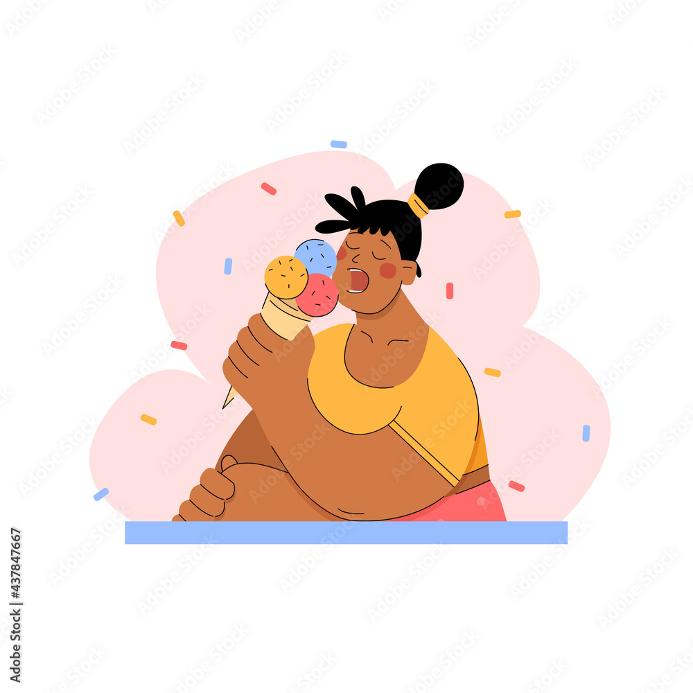 Girl eating ice cream in trendy style. Woman with ice cream cone. Summer time concept. Vector stock illustration