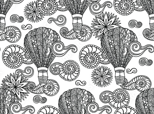 Seamless vector pattern with line drawn decorative curly clouds and stylized balloon with basket for travel and romantic dates. Coloring page for adults. Sky, clouds, sun and aircraft