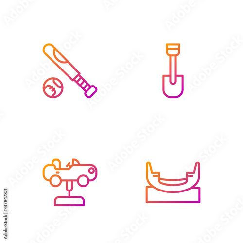 Set line Boat swing, Swing car, Baseball bat with ball and Shovel toy. Gradient color icons. Vector