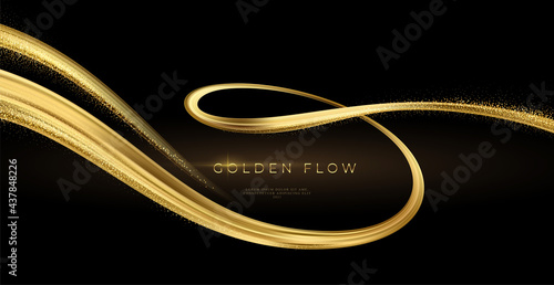 Golden swirl on black background. Abstract shiny color gold wave design element. Vector illustration