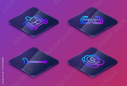 Set Isometric line Man without legs sitting wheelchair, Walking stick cane, Eyeglasses and Hearing aid. Blue square button. Vector