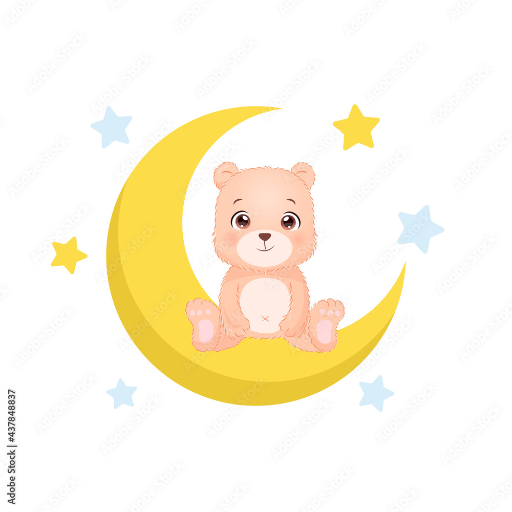 Baby bear sit on the crescent moon. Flat vector cartoon design Baby bear sit on the crescent moon. Flat vector cartoon design