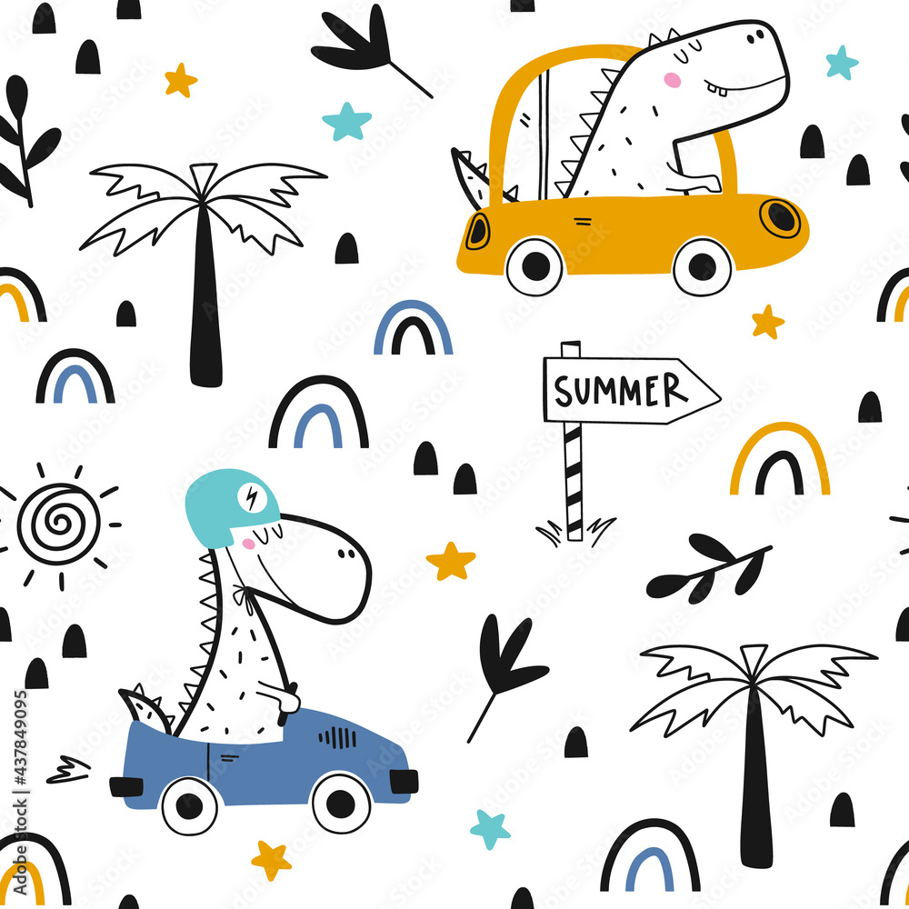Cute seamless pattern with dinosaurs