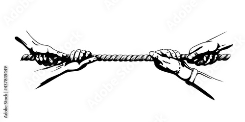 Tug war competition with rope. Hands pulling rope. Shadowed sketch hand drawn vector illustration isolated in white background