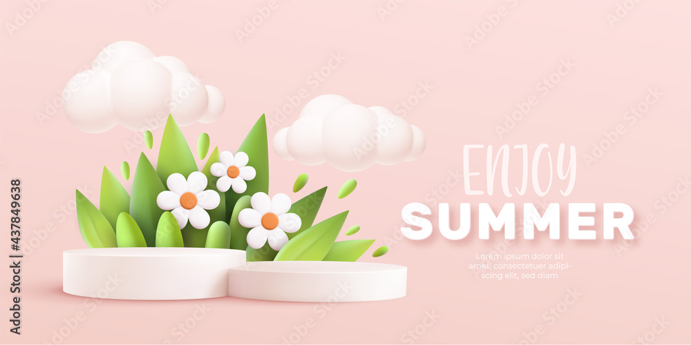 Fototapeta Enjoy Summer 3d realistic background with clouds, daisies, grass, leaves and product podium on a pink background. Vector illustration