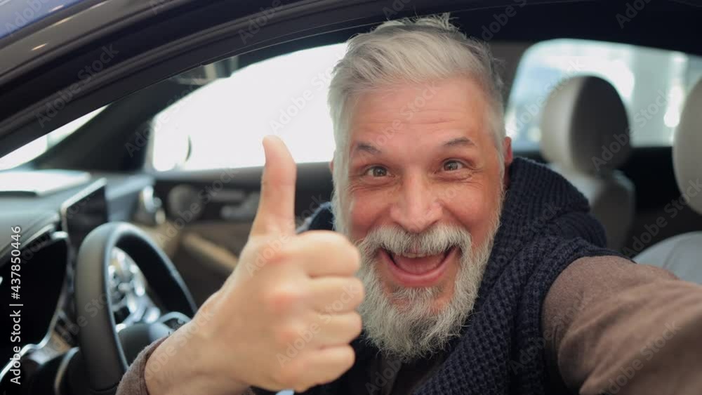 Buy car, portrait old happy man show thumbs up inside new vehicle, looking at camera Spbi. Aged Buy car, portrait old happy man show thumbs up inside new vehicle, looking at camera Spbi. Aged