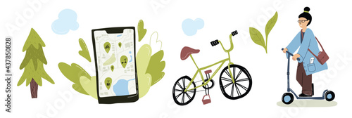 Eco Urban City Transport Set. Woman riding electric kick scooter, bicycles, using rental service mobile app. People using green Transportation. Ecology Concept. 