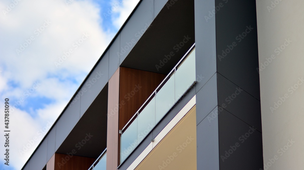 Cityscape with facade of a modern residential building. Modern European residential apartment building. Cityscape with facade of a modern residential building. Modern European residential apartment building.