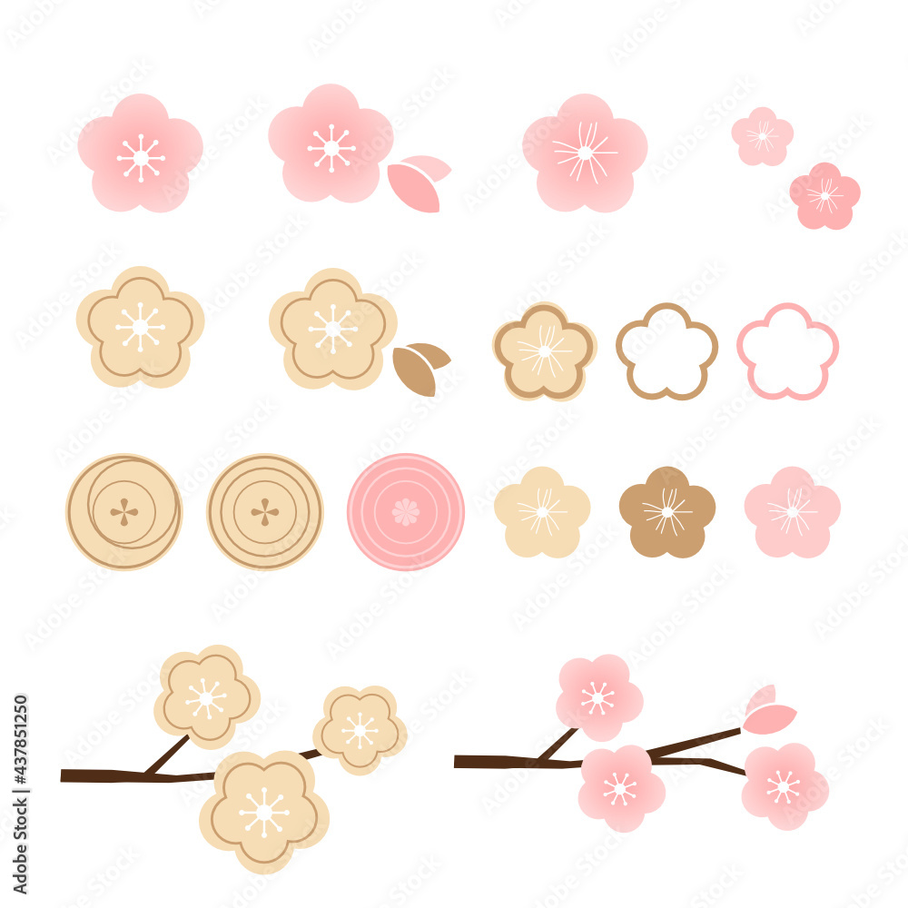 Obraz premium Set of pink Sakura flower icons isolated on white background vector illustration.