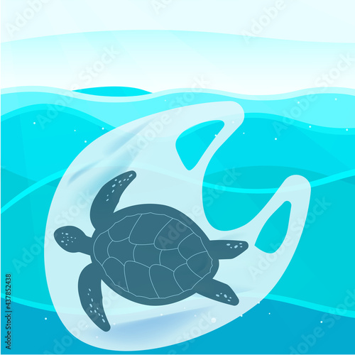 International plastic bag free day. Say no to plastic. Go green. Save nature. Save ocean. World ocean day. Sea turtle in plastic bag in ocean. Vector banner