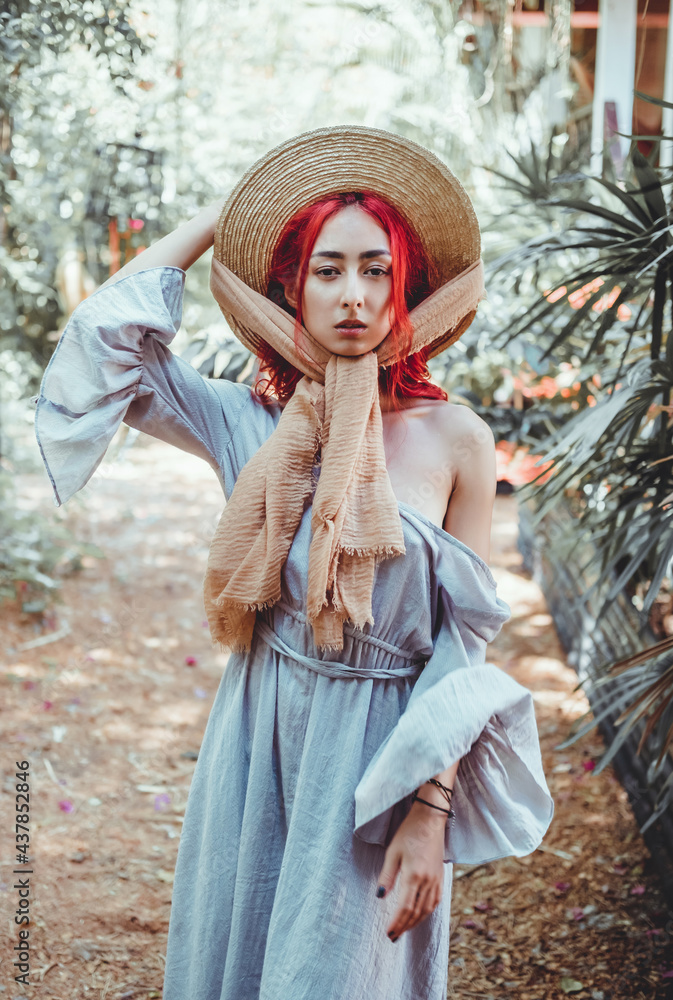 Beautiful young girl posing on the street in a gray long dress with red and pink hair, Asian woman, tender tanned skin, portrait, sweetheart, lips, smile, retro styле, cap, hat, Thailand, scarf, Beautiful young girl posing on the street in a gray long dress with red and pink hair, Asian woman, tender tanned skin, portrait, sweetheart, lips, smile, retro styле, cap, hat, Thailand, scarf,