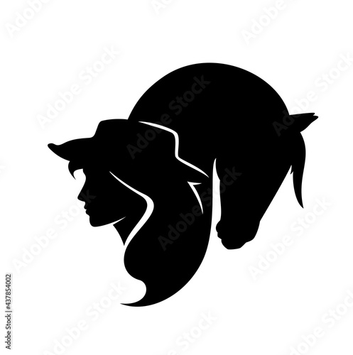 beautiful cowgirl wearing cowboy hat and horse head black and white vector silhouette design