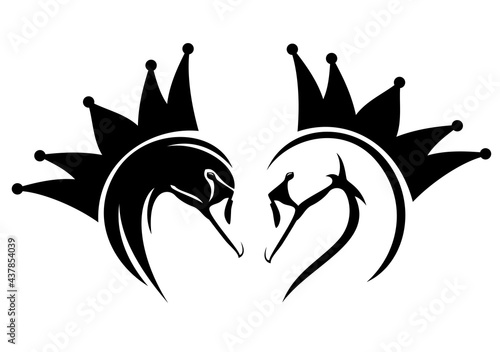 elegant princess swan bird profile head with bent neck and royal crown black and white vector design set