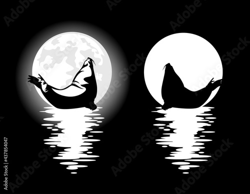 steller sea lion and full moon - night aquatic wildlife black and white vector design set with mysterious animal spirit silhouette
